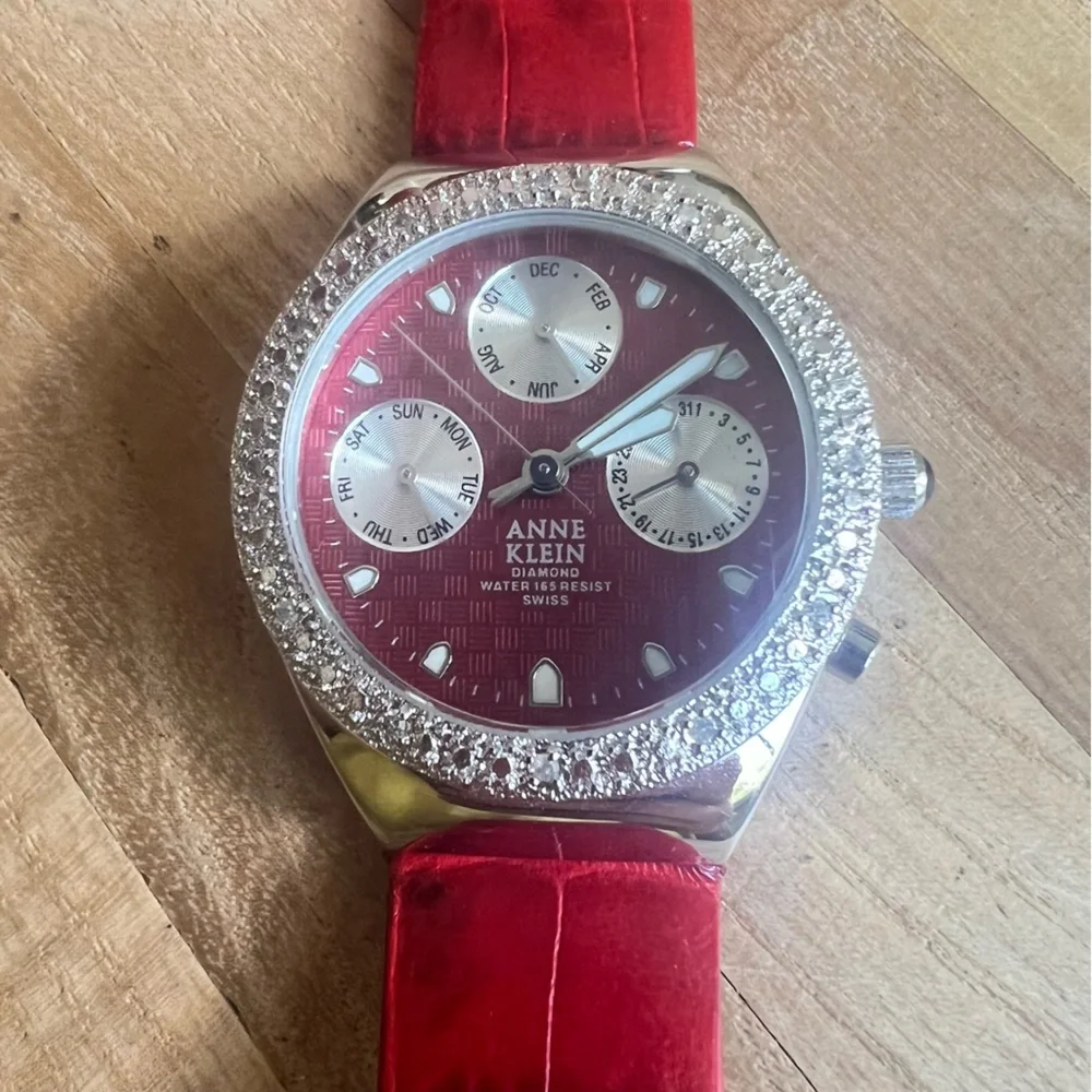 Anne Klein ladies diamond Swiss red leather sport watch NEW BATTERY